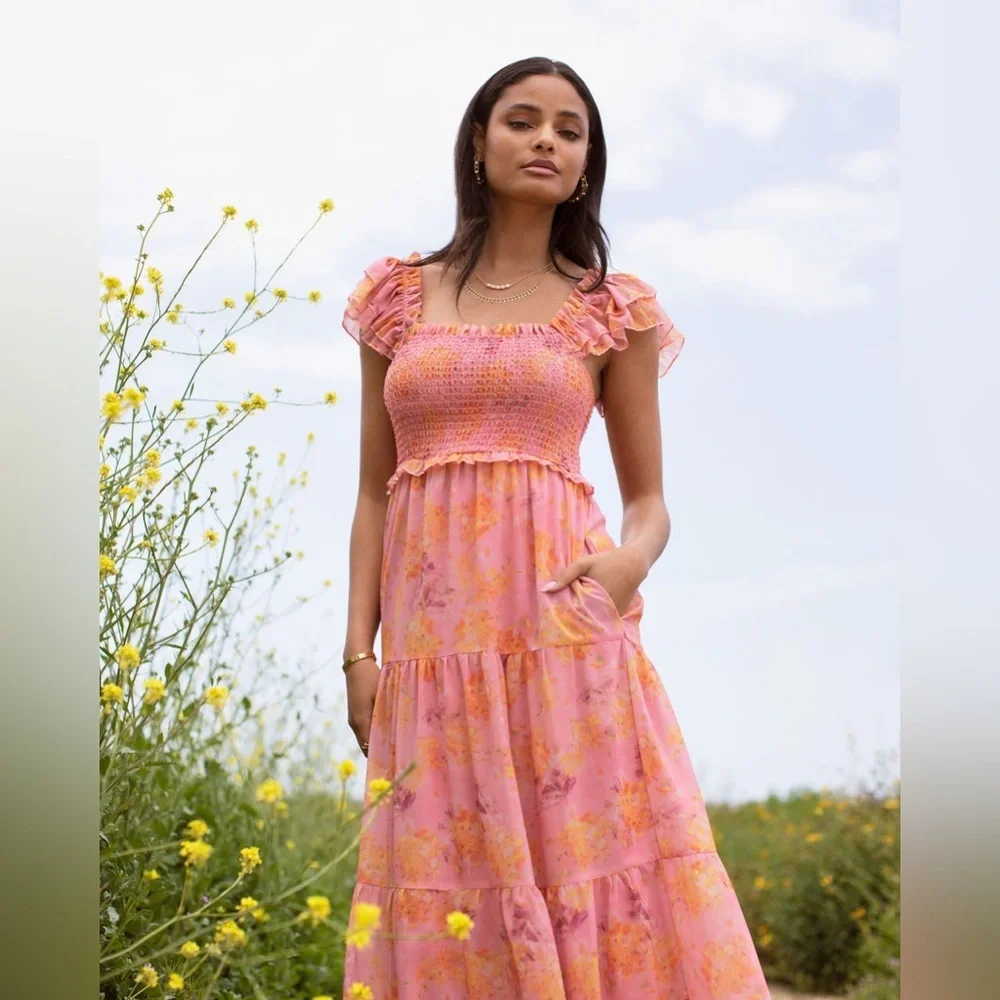 Pinkblush floral chiffon smocked top maxi dress nwot - Picture 4 of 8